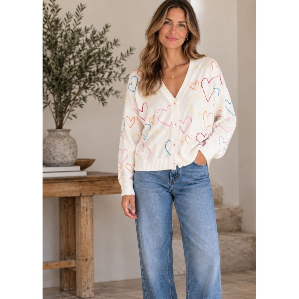 Kerri Rosenthal XO KR Cream Multi Embroidered Heart V-Neck Cardigan Sweater M